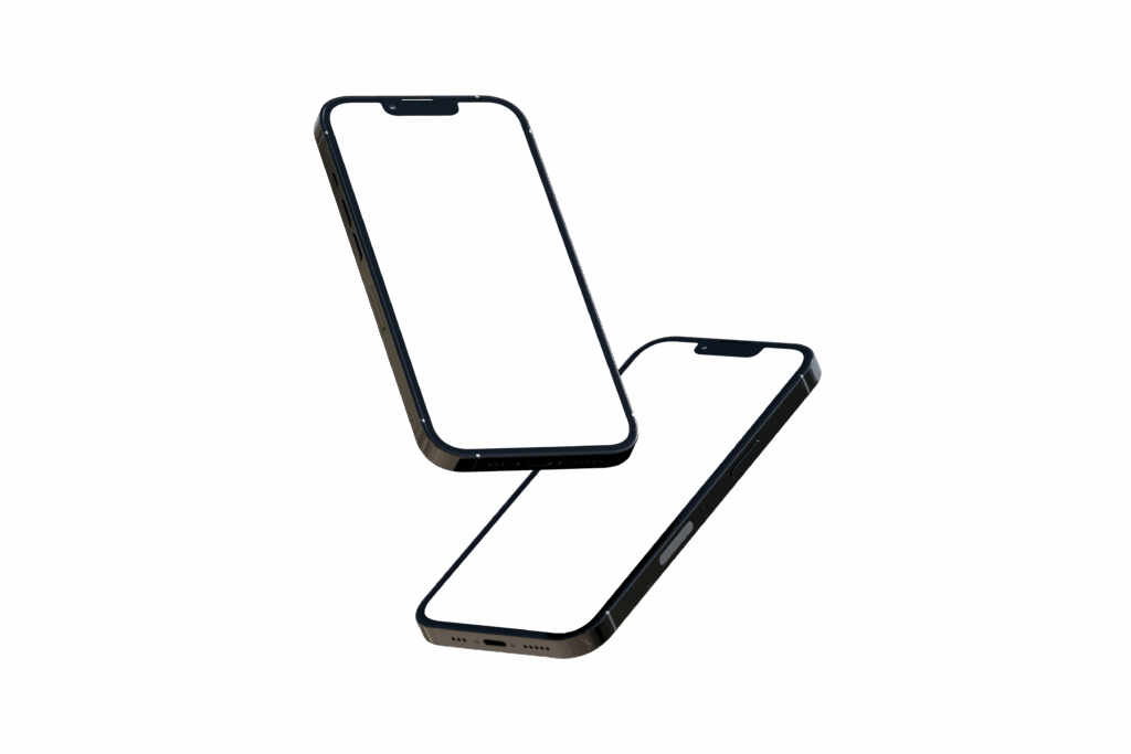 Two sleek smartphones with blank screens floating against a white background, perfect for design mockups.